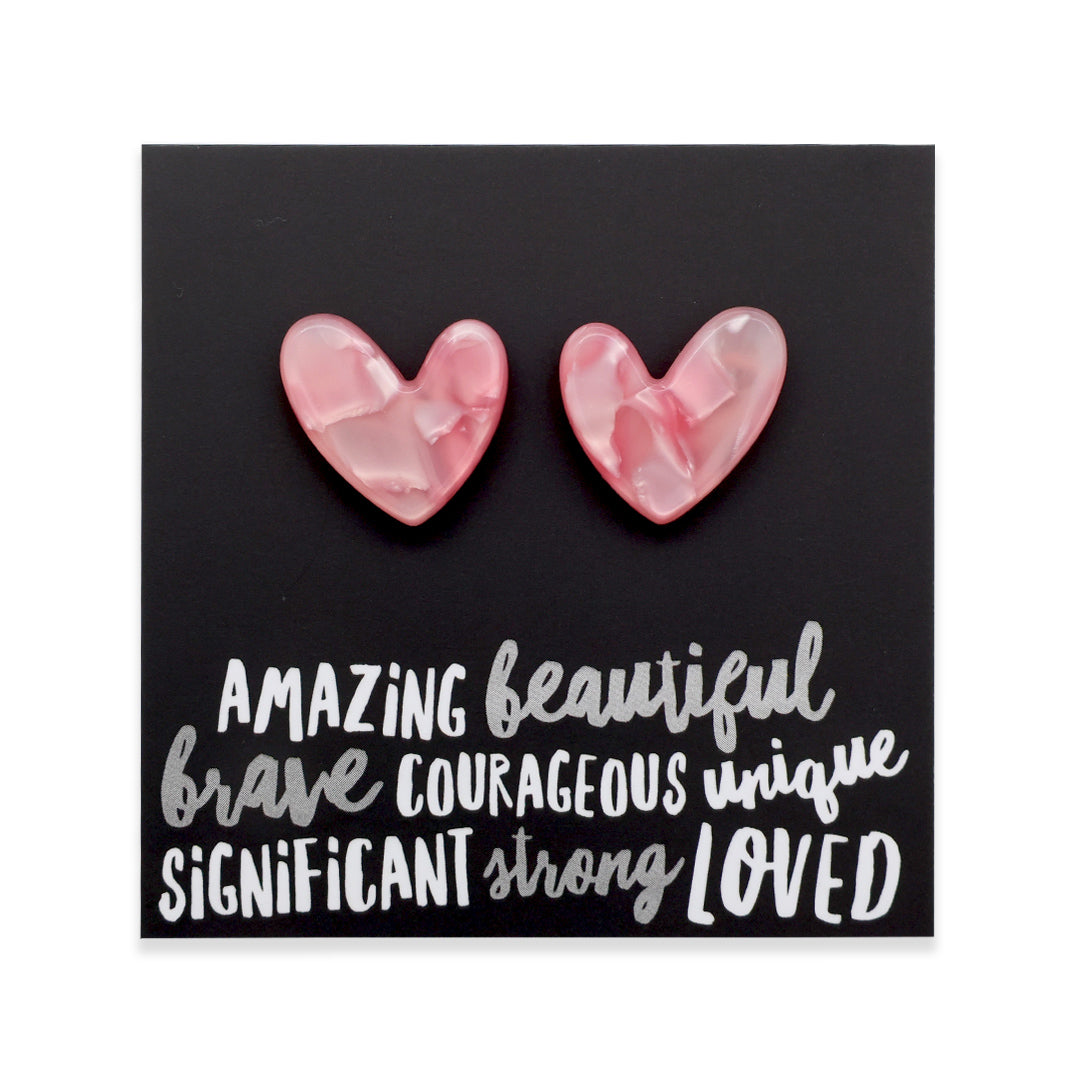 Amazing Beautiful Brave - Resin Heart Studs - Pink (11112)