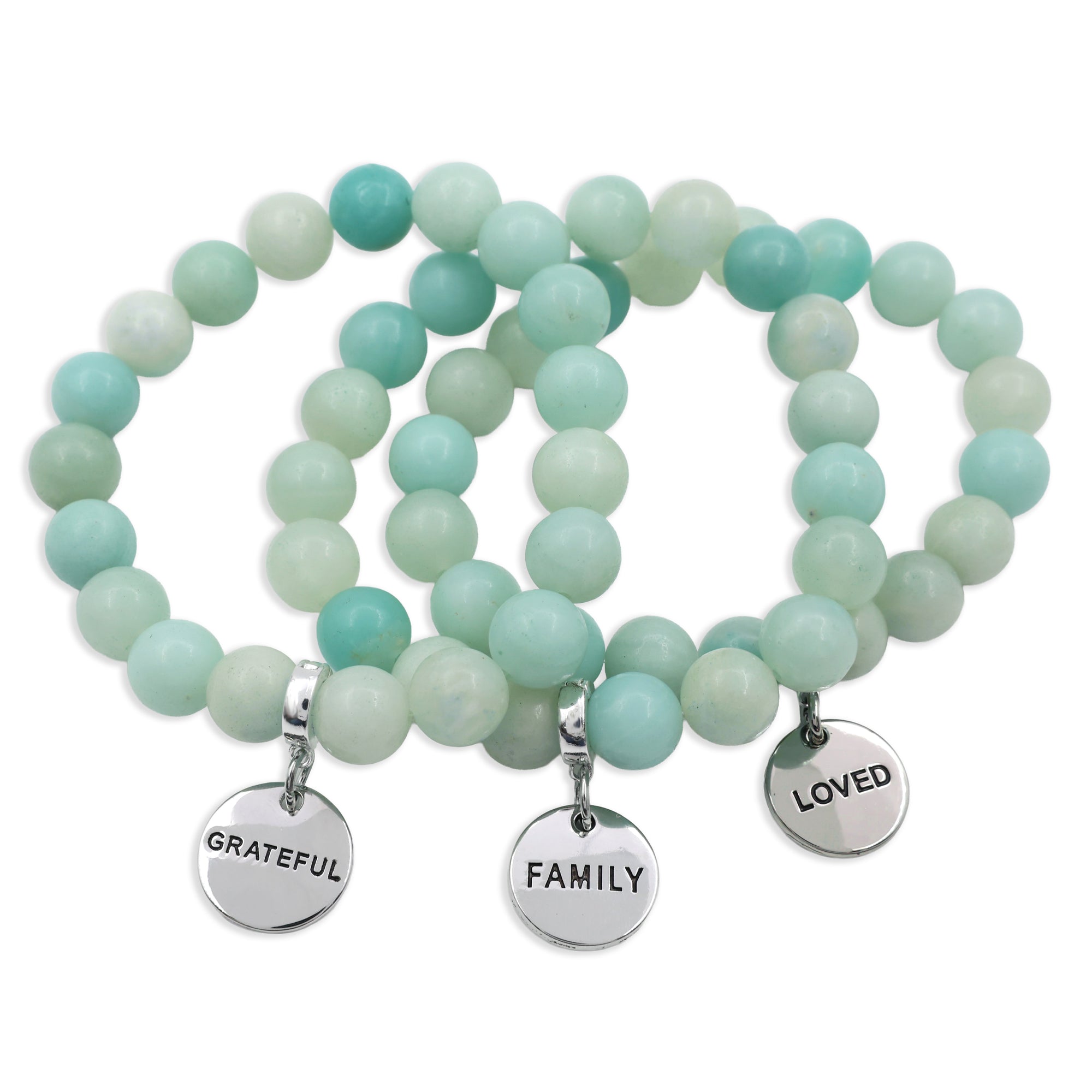 Set of mint teal amazonite stone beaded bracelets with silver charms on a white background