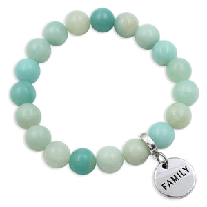 Amazoite beaded bracelet with a 'FAMILY' charm on a white background