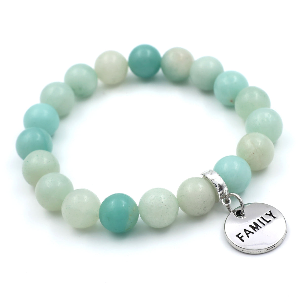Set of mint teal amazonite stone beaded bracelets with silver charms on a white background