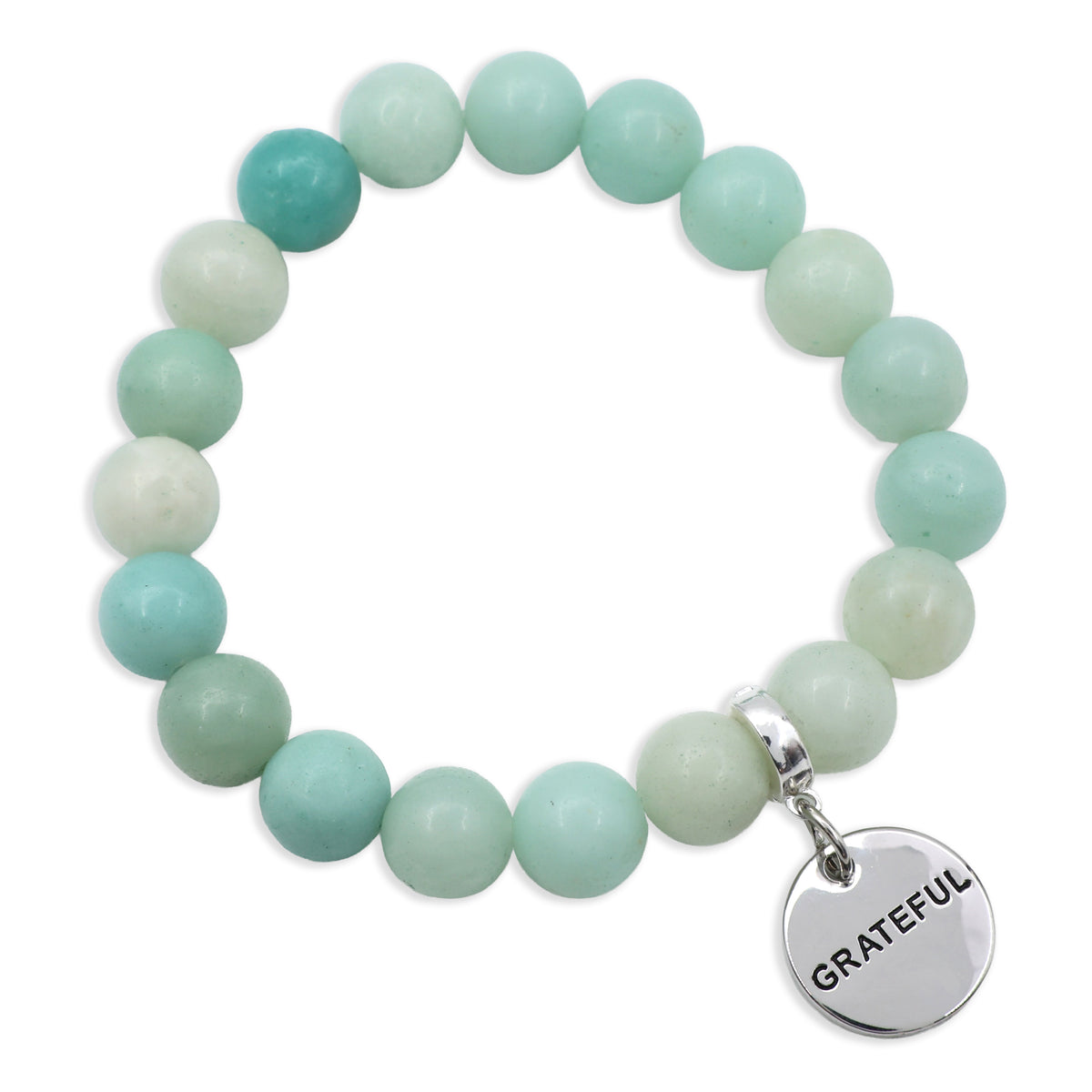 Beaded bracelet with 'GRATEFUL' charm on a white background