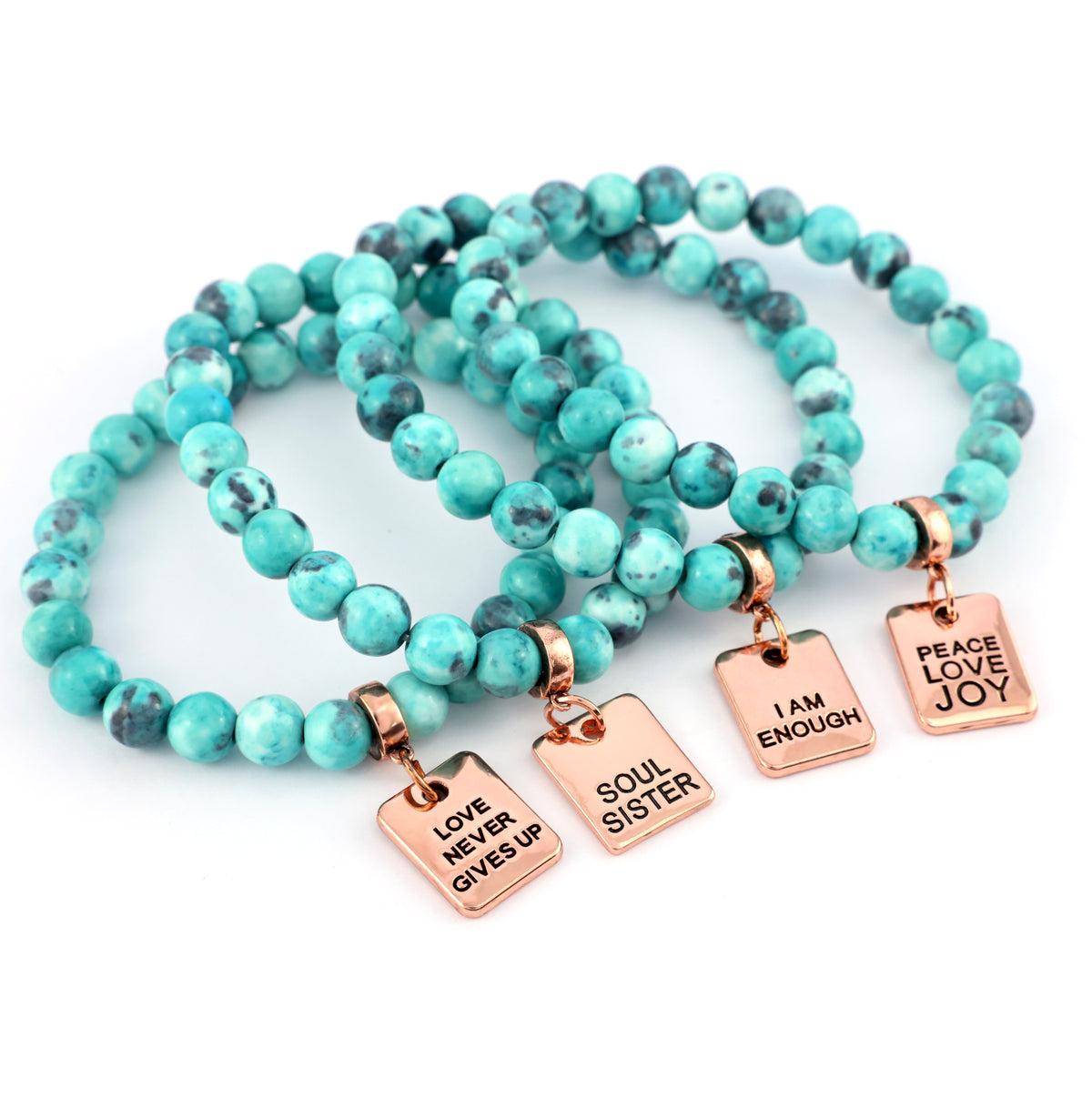 Stone Bracelet - Aqua & Navy Patch Agate Stone 8mm Beads - With Rose Gold charm