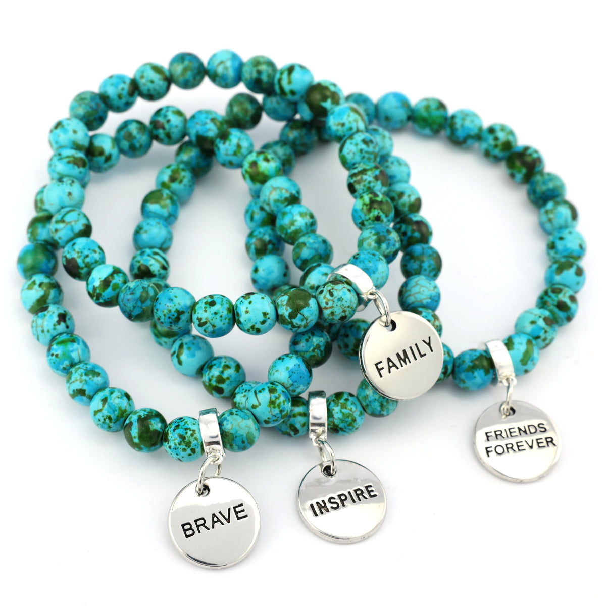 Stone Bracelet - Aqua Crush Patch Agate Speckled Howlite Stone 8mm Beads - With Silver Word charm