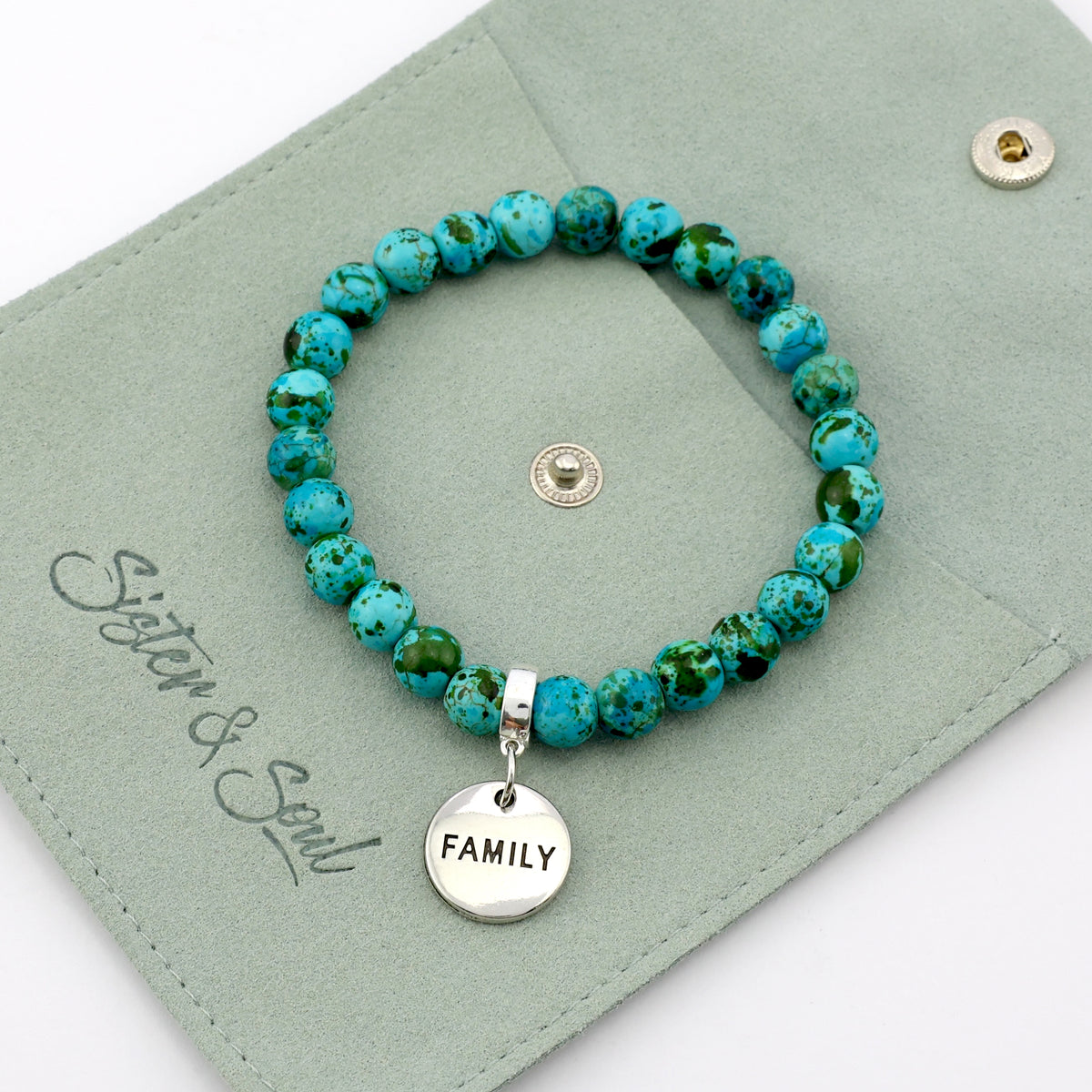 Stone Bracelet - Aqua Crush Patch Agate Speckled Howlite Stone 8mm Beads - With Silver Word charm