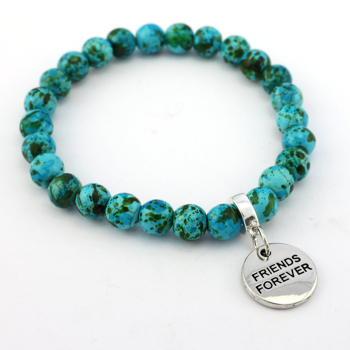 Stone Bracelet - Aqua Crush Patch Agate Speckled Howlite Stone 8mm Beads - With Silver Word charm