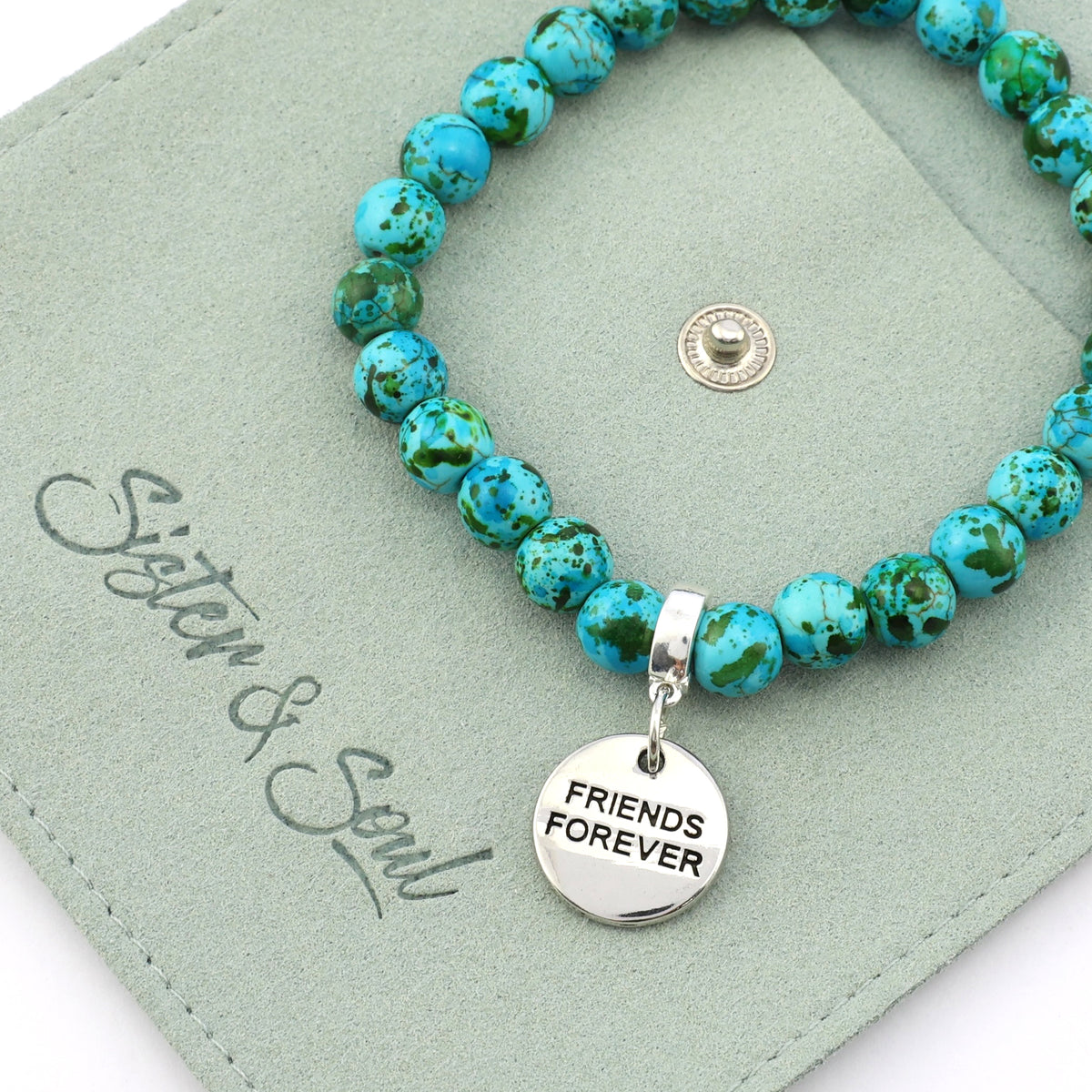 Stone Bracelet - Aqua Crush Patch Agate Speckled Howlite Stone 8mm Beads - With Silver Word charm