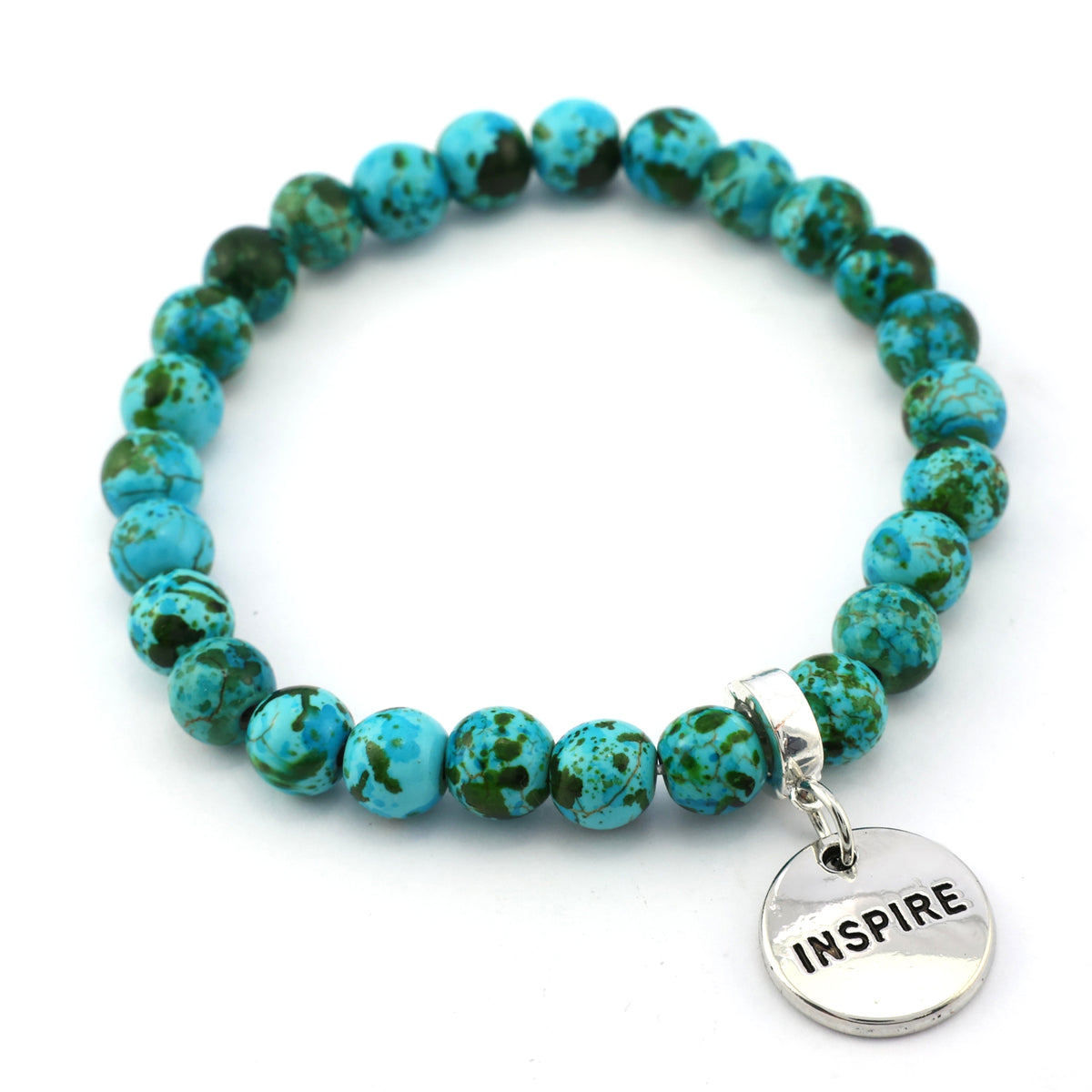 Stone Bracelet - Aqua Crush Patch Agate Speckled Howlite Stone 8mm Beads - With Silver Word charm