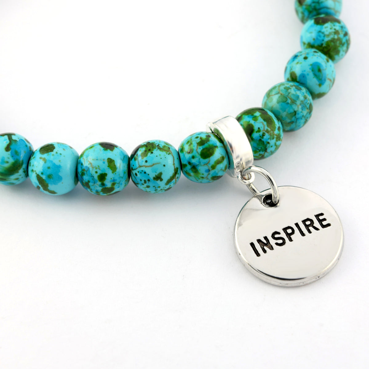 Stone Bracelet - Aqua Crush Patch Agate Speckled Howlite Stone 8mm Beads - With Silver Word charm