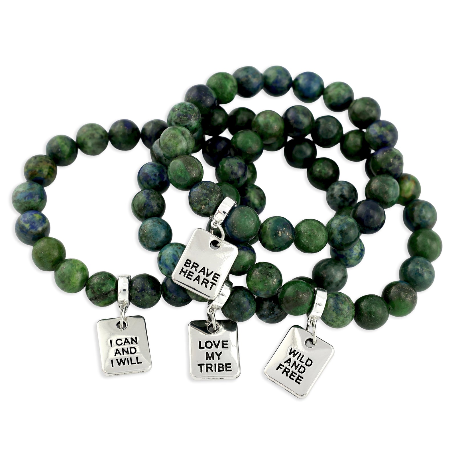 Green beaded bracelet with silver charms on a white background