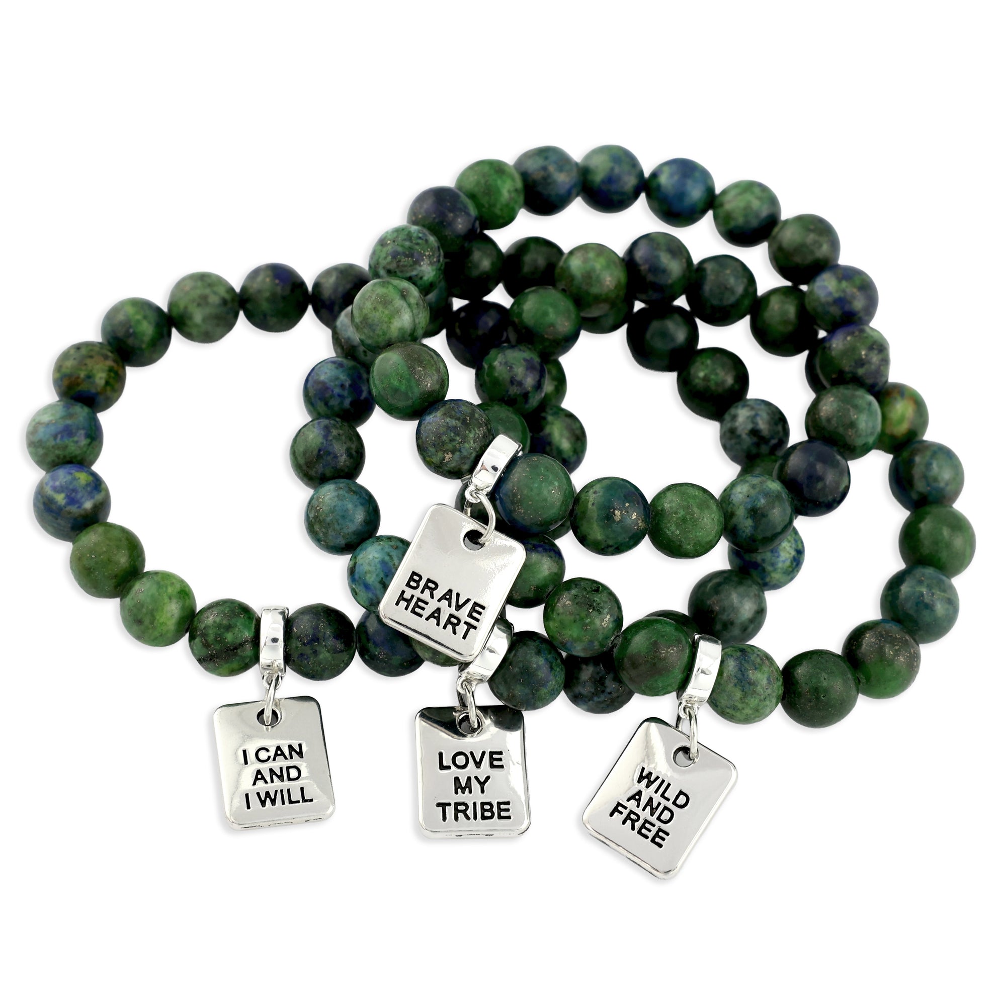 Green beaded bracelet with silver charms on a white background