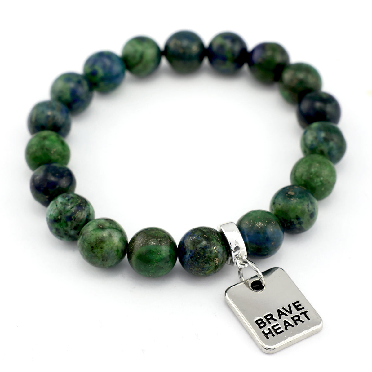 Green beaded bracelet with a 'Brave Heart' tag on a white background