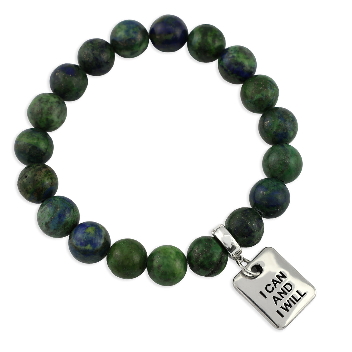 Green beaded bracelet with a silver tag reading 'I Can And I Will' on a white background