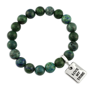 Green beaded bracelet with a silver tag reading 'Love My Tribe' on a white background