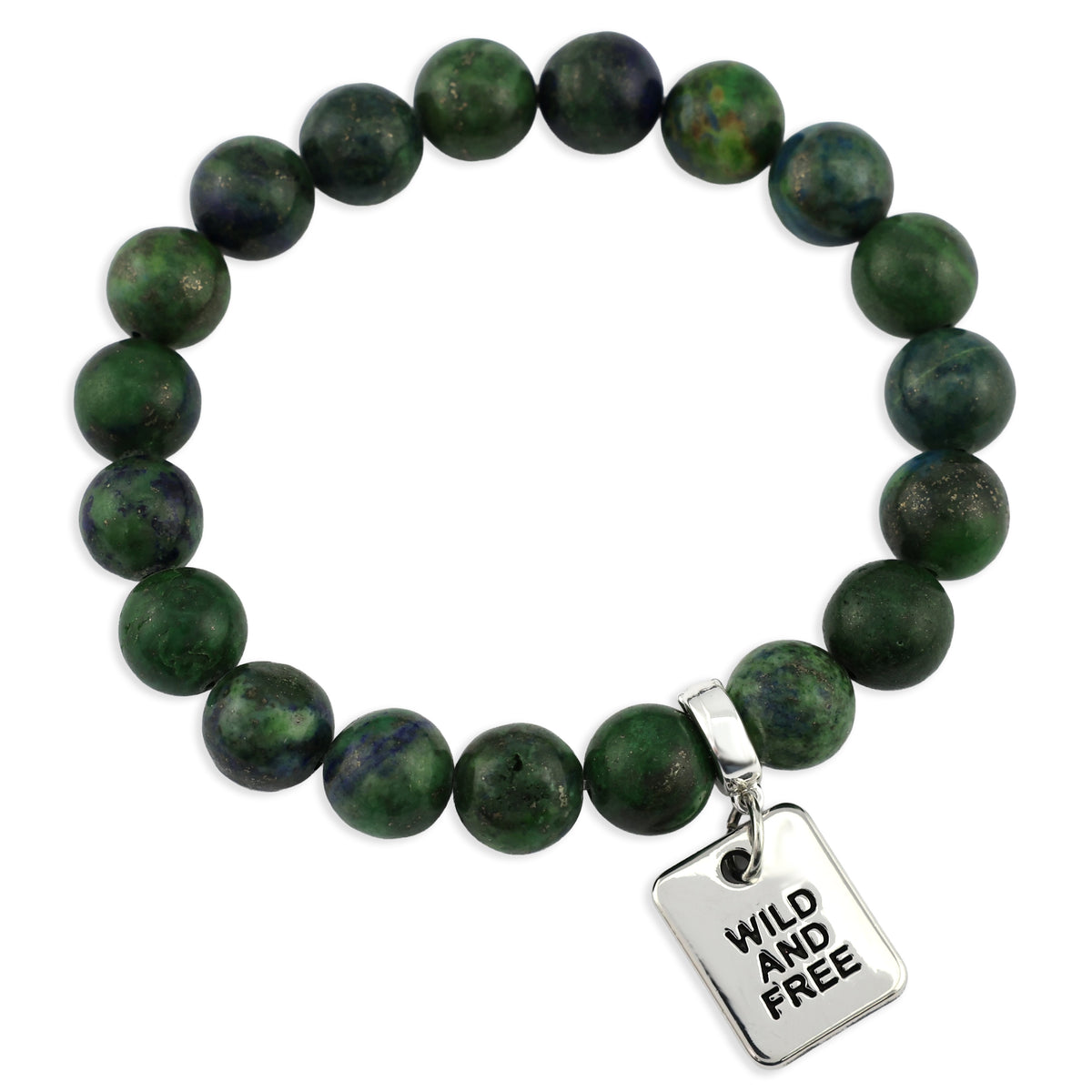 Green beaded bracelet with a 'Wild and Free' charm on a white background