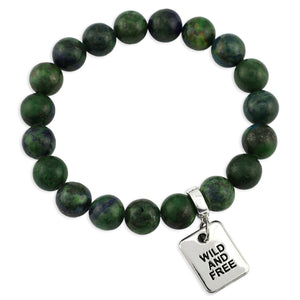 Green beaded bracelet with a 'Wild and Free' charm on a white background