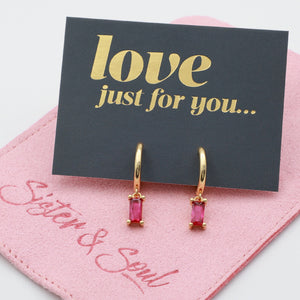 Love Just For You Stainless Steel Huggies - Gold with Fuchsia Pink Baguette Drops