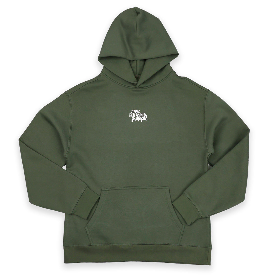 Green hoodie with a small white logo on a white background