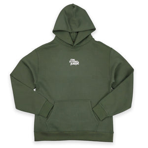 Green hoodie with a small white logo on a white background