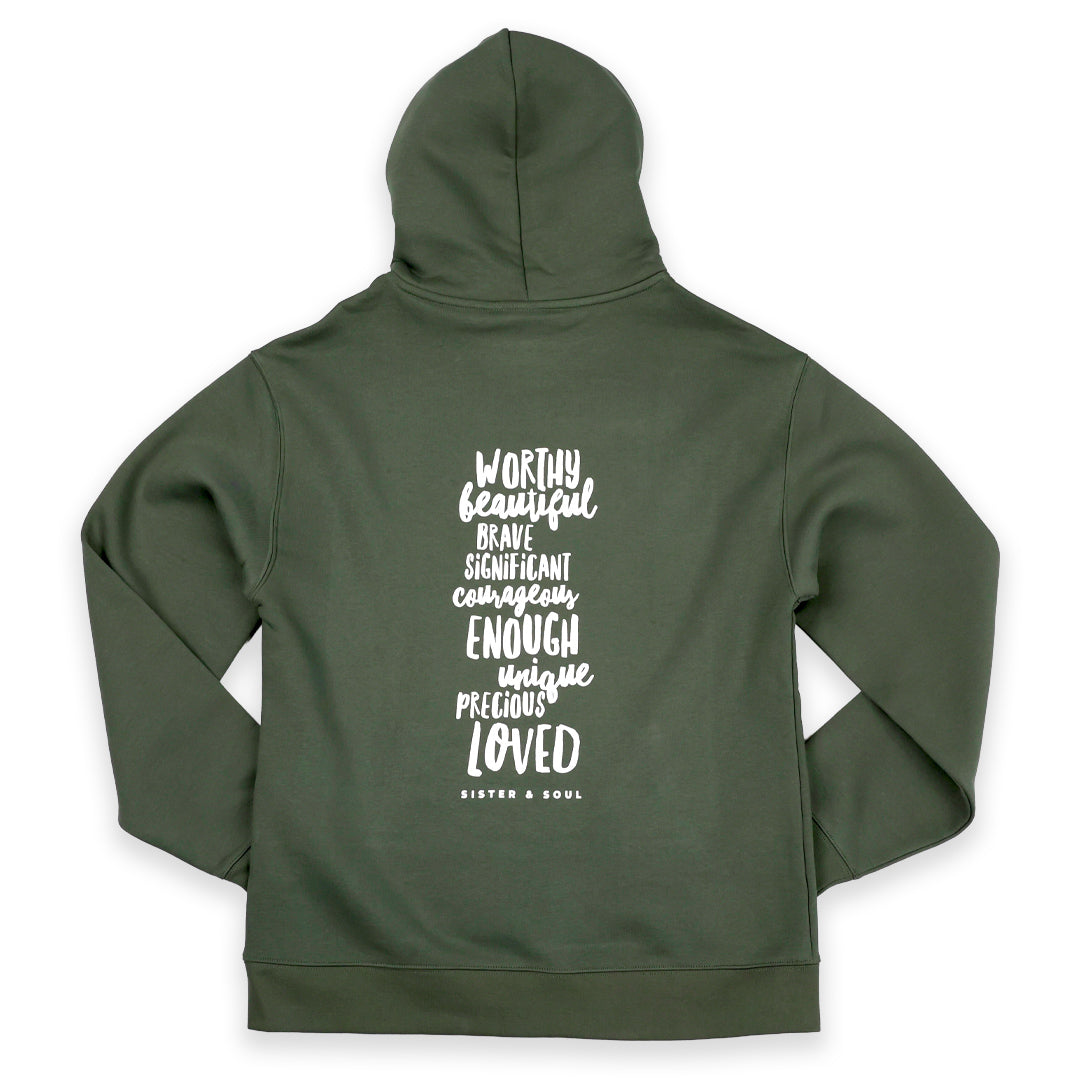 Green hoodie with motivational text on the back on a white background