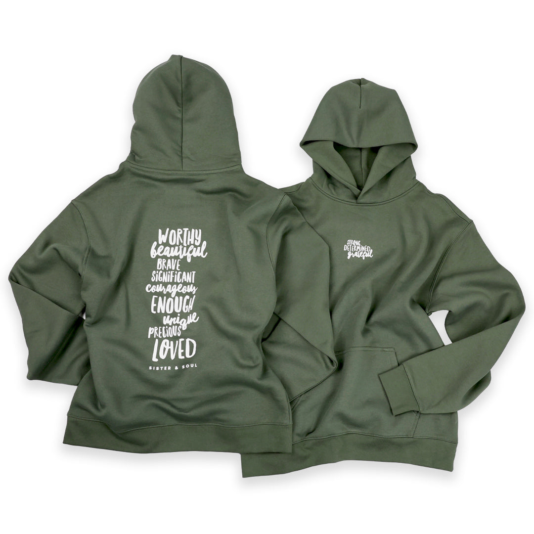 Green hoodie with text design on front and back on a white background