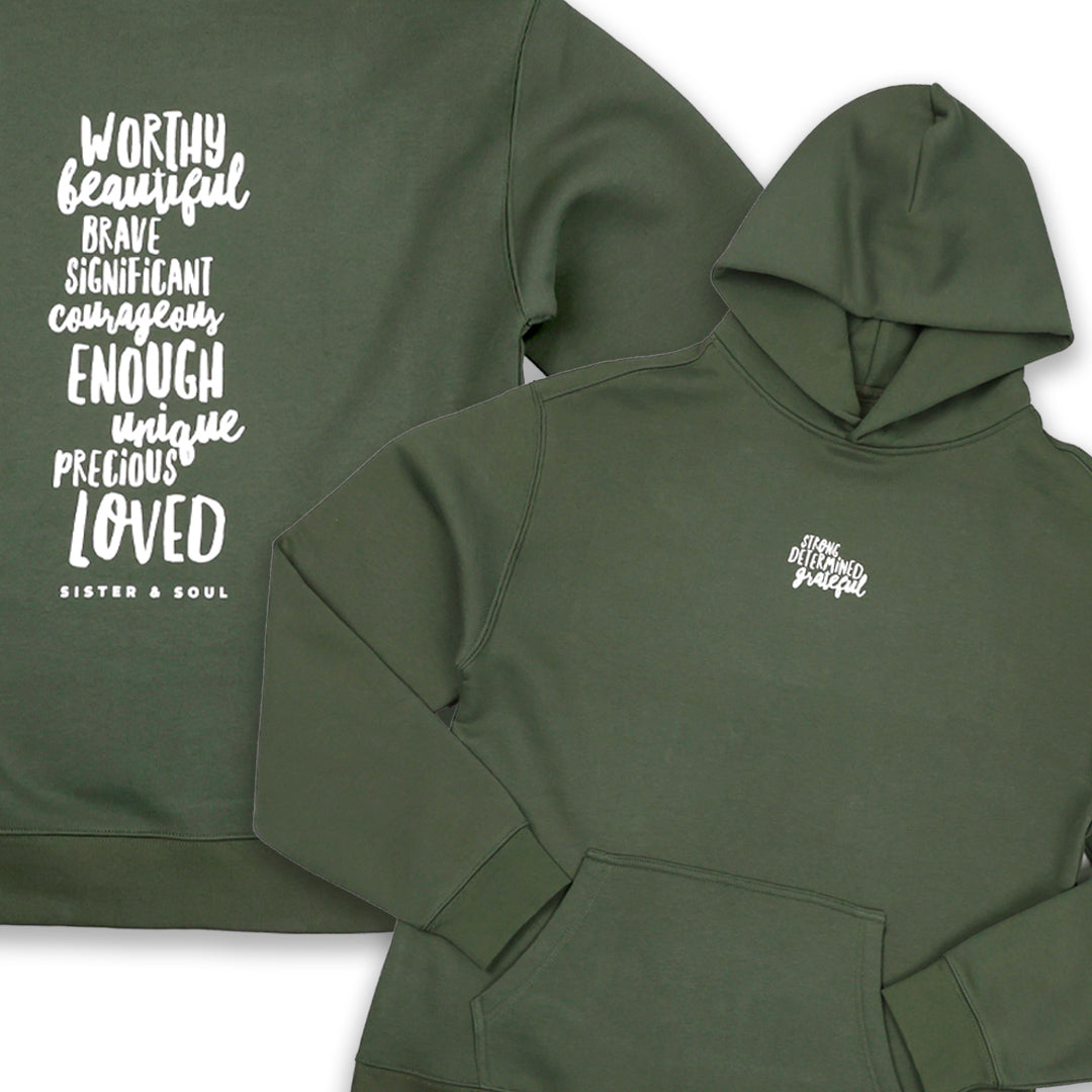 Green hoodie with motivational text and a smaller logo on a white background