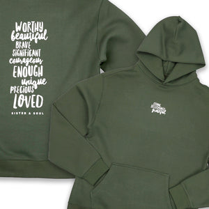 Green hoodie with motivational text and a smaller logo on a white background