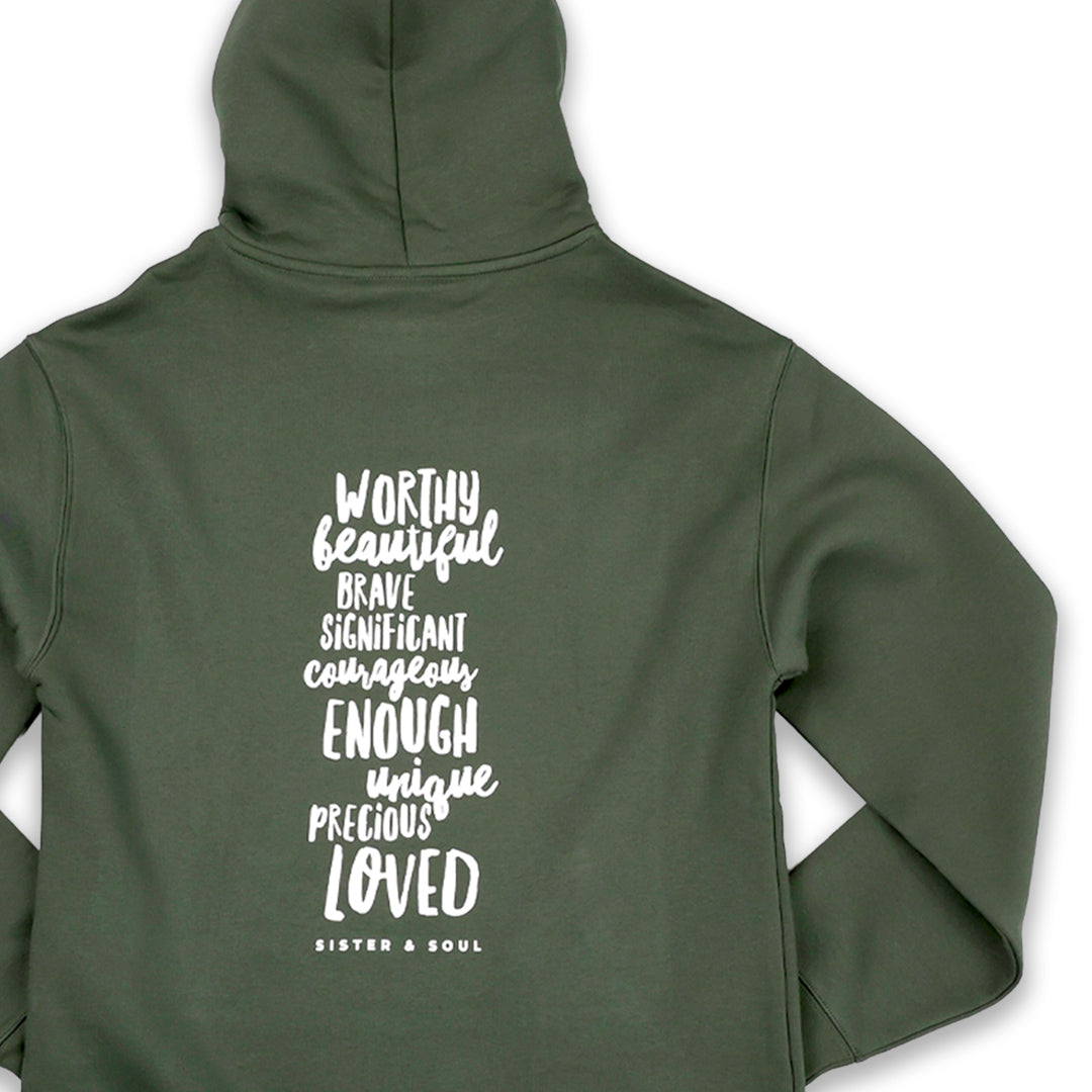 Green hoodie with motivational text on the back on a white background