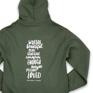 Green hoodie with motivational text on the back on a white background