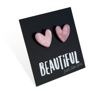 Heart-shaped earrings on a card with 'BEAUTIFUL just like you' text