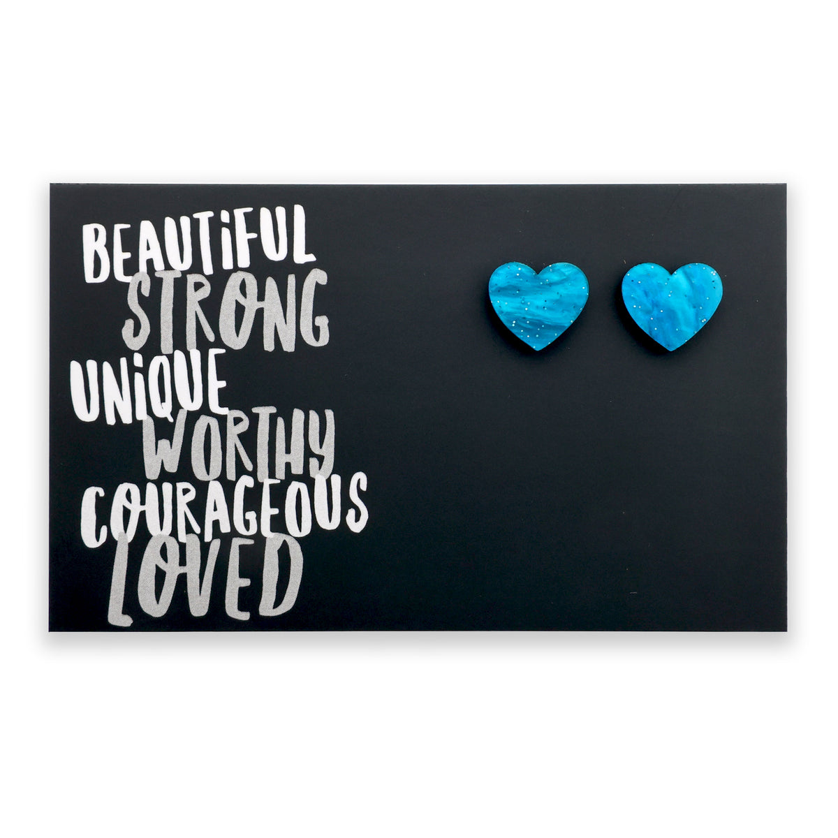 RESIN ACRYLIC HEART STUDS - Beautiful Strong Unique - BlueLagoon (10761)