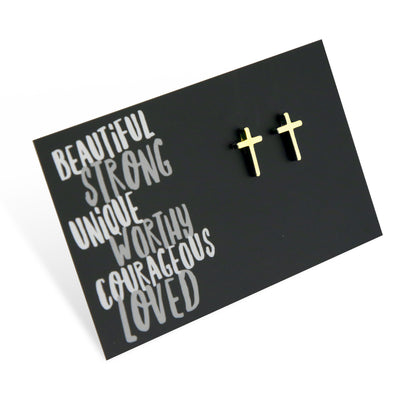 Beautiful Strong Unique - Cross - Gold Stud Earrings (2116-R)