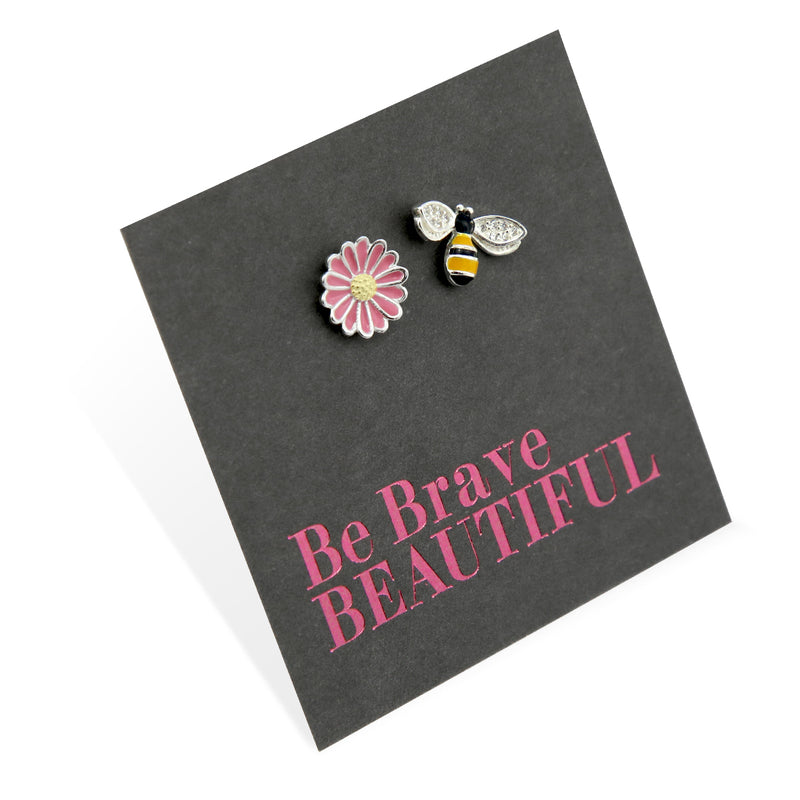 PINK COLLECTION - Bee and Pink Flower Studs - Sterling Silver - Be Brave Beautiful (8405-R)