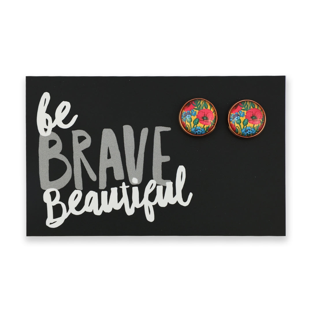 Floral earrings on a card with 'be BRAVE Beautiful' text
