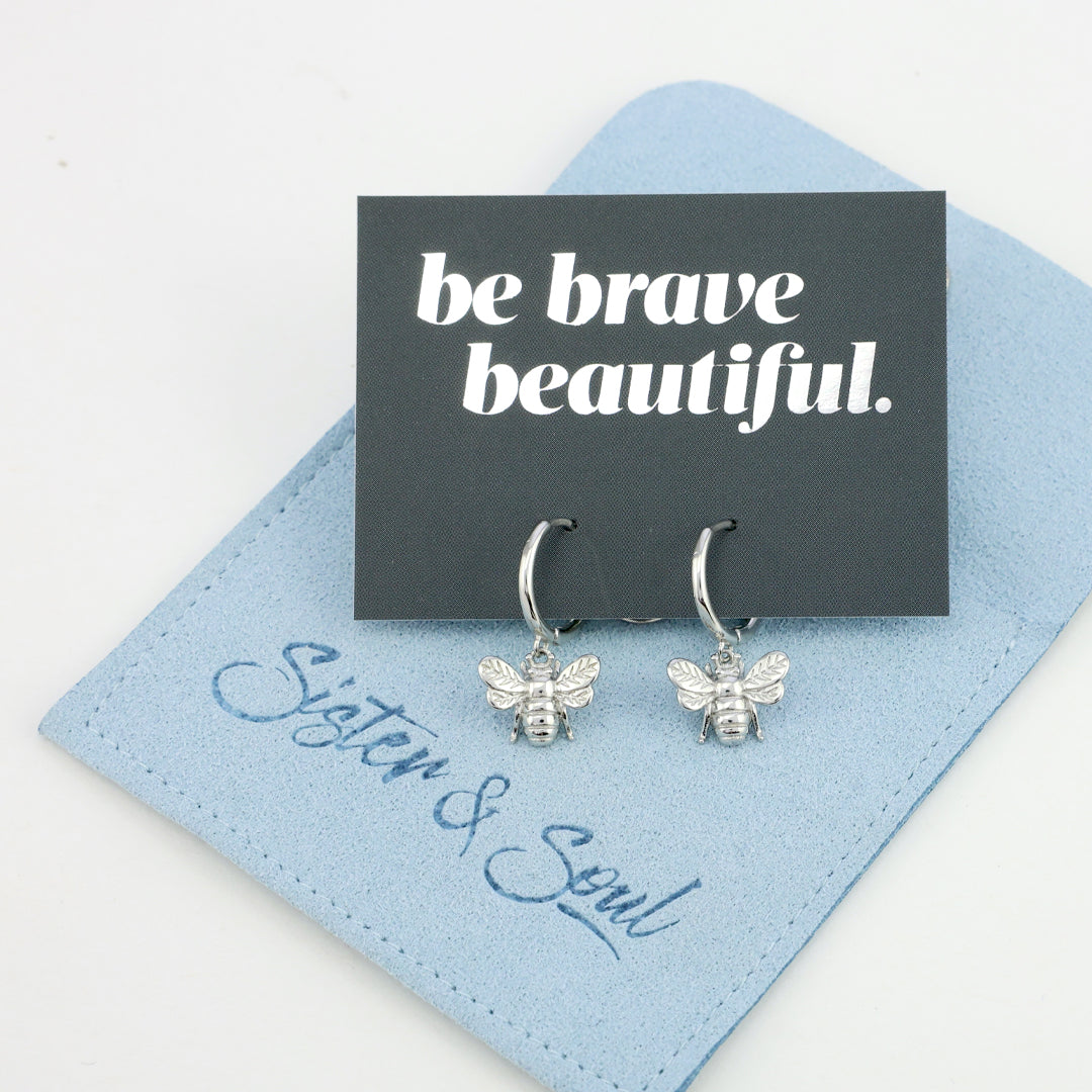 HUGGIES - Be Brave Beautiful - Sterling Silver Hoops with Bee Charm (8816-F)