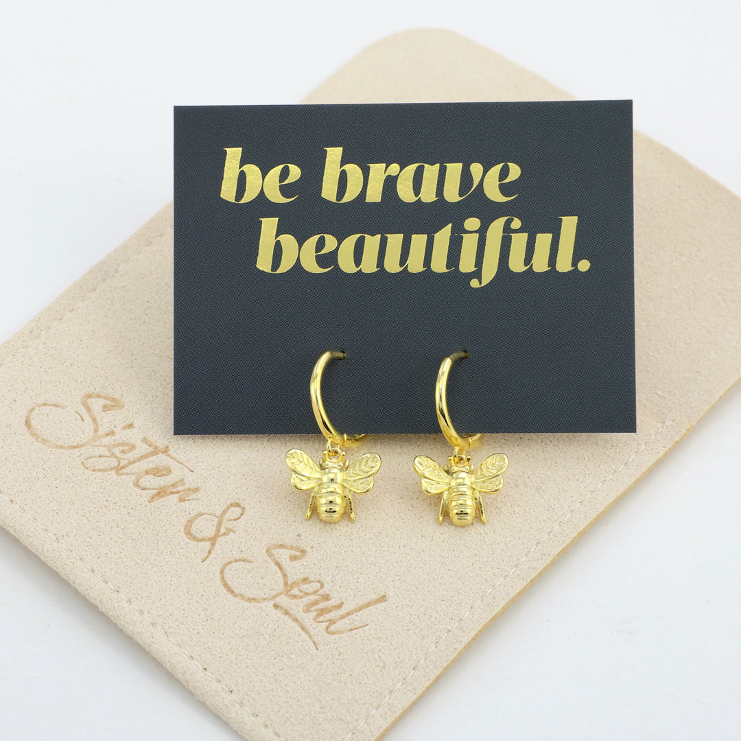 HUGGIES - Be Brave Beautiful - 18K Gold Sterling Silver Hoops with Bee Charm (8602-R)