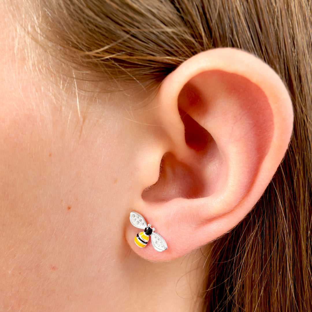 PINK COLLECTION - Bee and Pink Flower - Sterling Silver Studs - Be Brave Beautiful (8405-R)