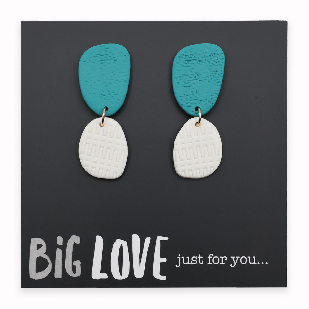 Pair of earrings with blue and white teardrop shapes on a black card with 'Big Love just for you' text.