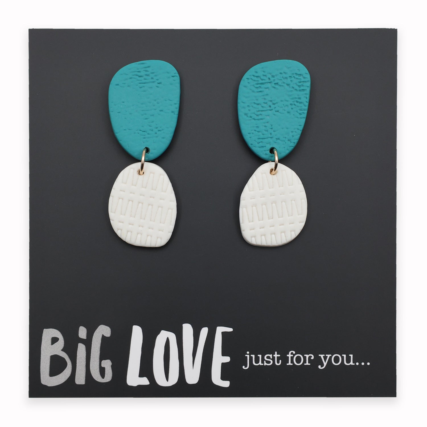 Pair of earrings with blue and white teardrop shapes on a black card with 'Big Love just for you' text.