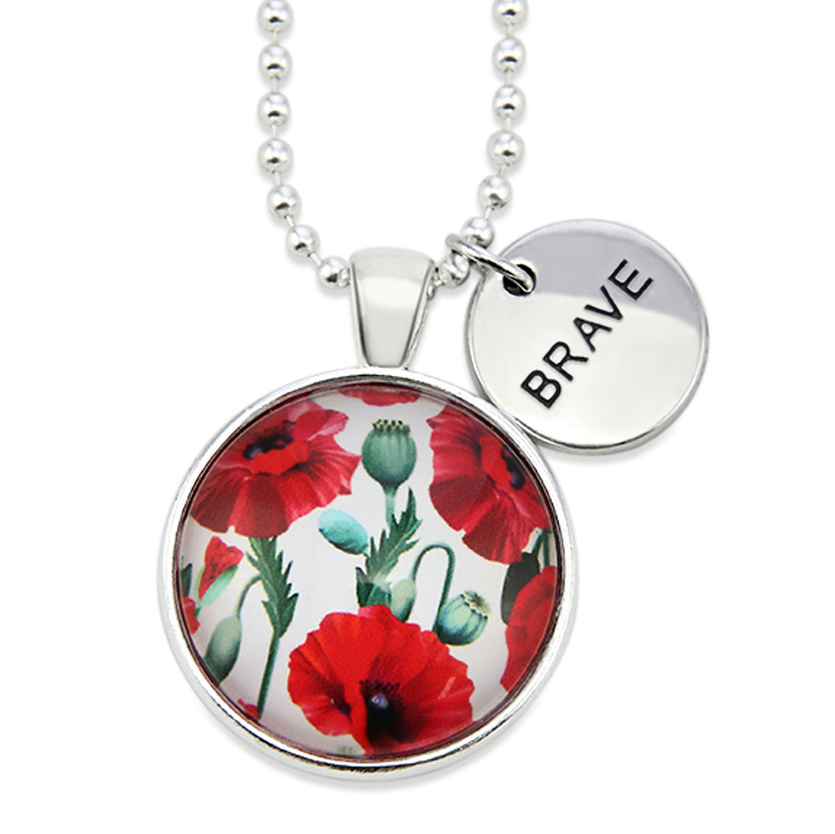 Necklace with floral pendant and 'BRAVE' charm on a white background