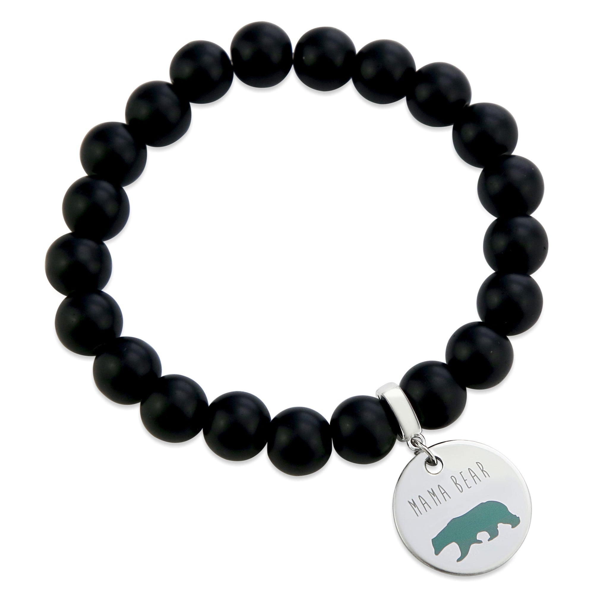 Black ONyx Bead Bracelet with silver Mama Bear Charm