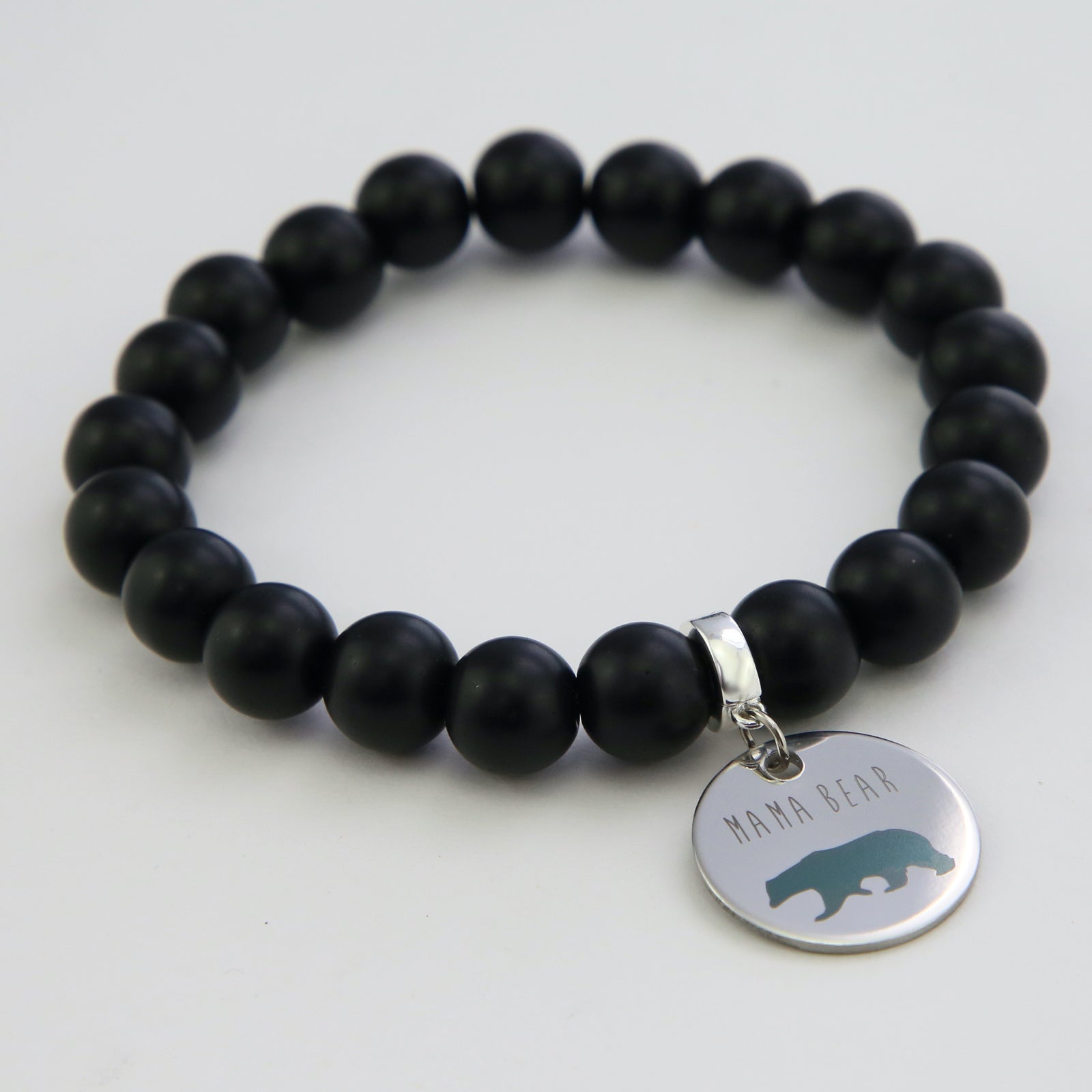 Black ONyx Bead Bracelet with silver Mama Bear Charm