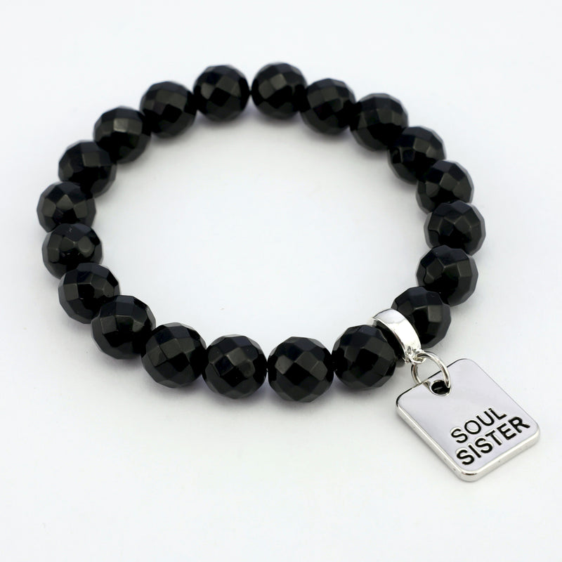 Stone Bracelet - Black Onyx Shiny Faceted 10mm Beads - with Silver Word Charm
