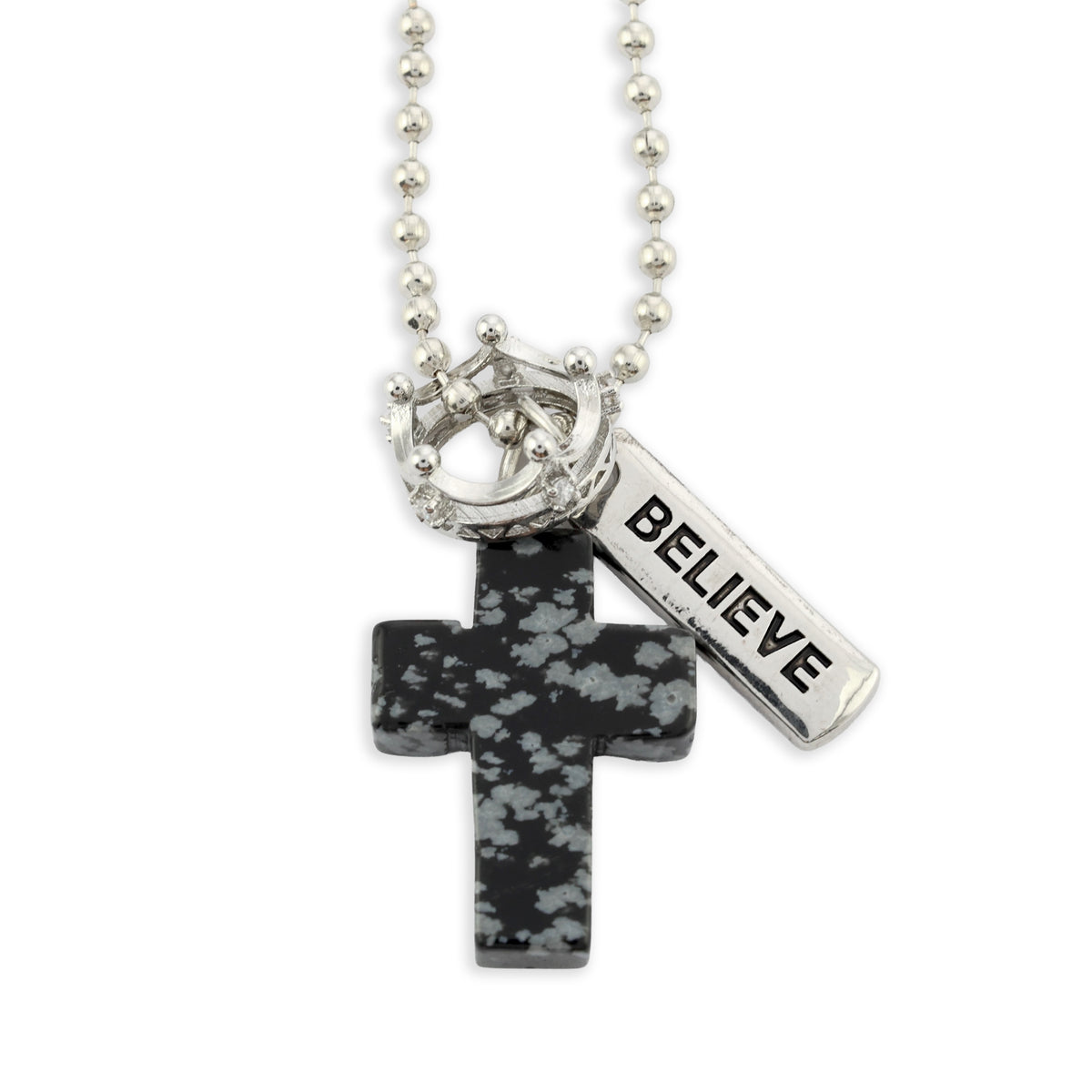 BLACK SPECKLE STONE - Cross & Crown Necklace