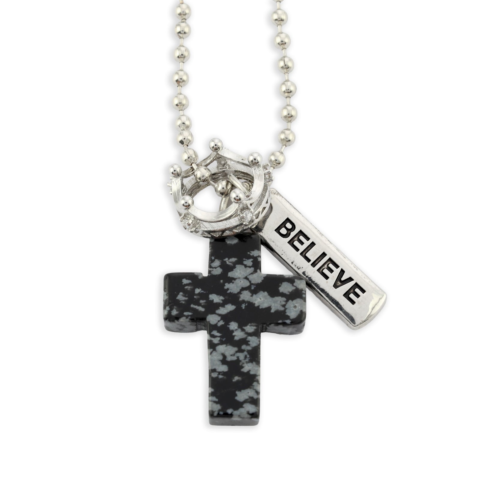 BLACK SPECKLE STONE - Cross & Crown Necklace