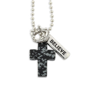 BLACK SPECKLE STONE - Cross & Crown Necklace