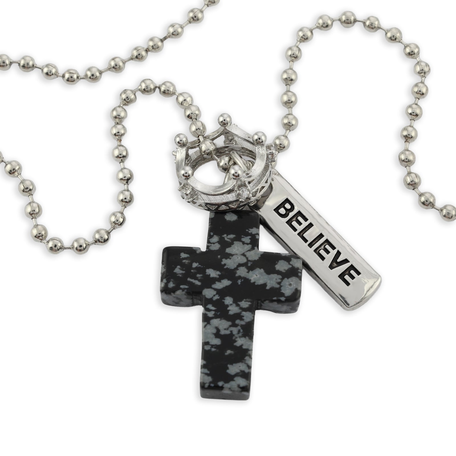 BLACK SPECKLE STONE - Cross & Crown Necklace