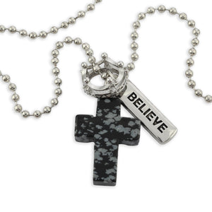 BLACK SPECKLE STONE - Cross & Crown Necklace
