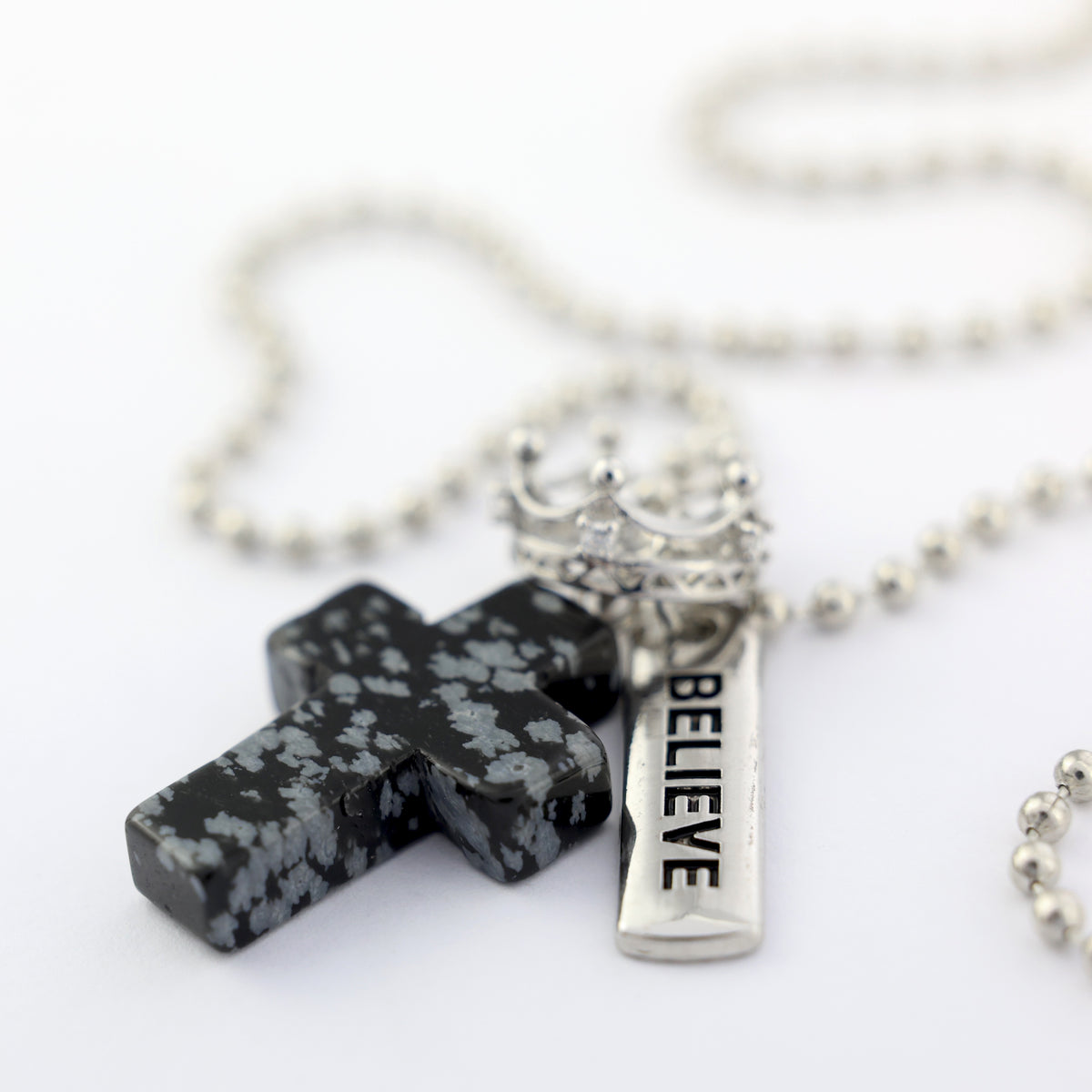 BLACK SPECKLE STONE - Cross & Crown Necklace