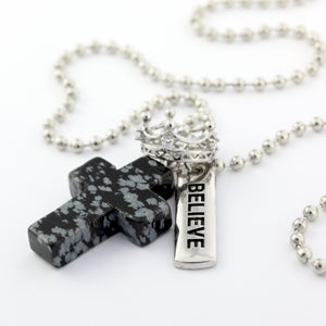 BLACK SPECKLE STONE - Cross & Crown Necklace