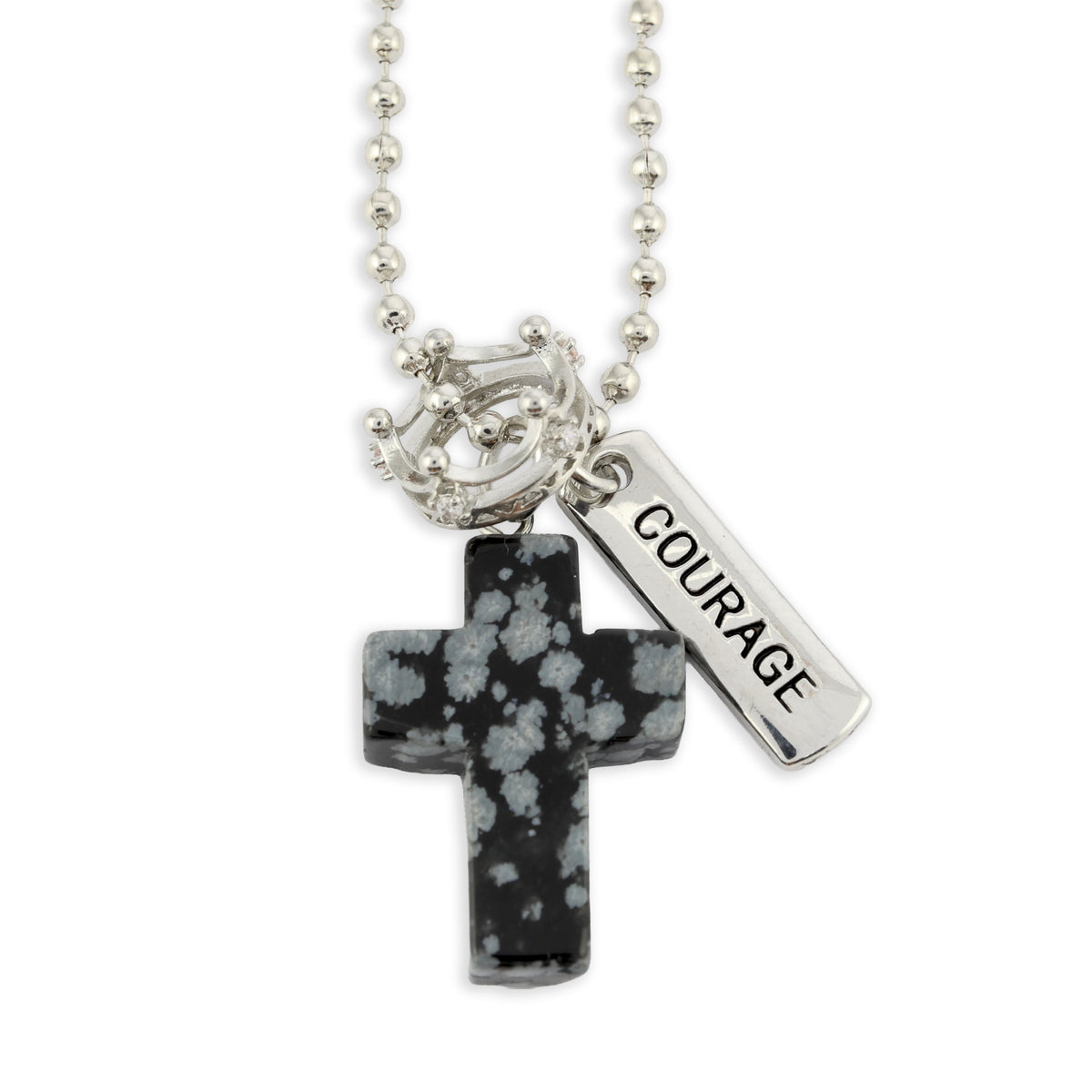 BLACK SPECKLE STONE - Cross & Crown Necklace